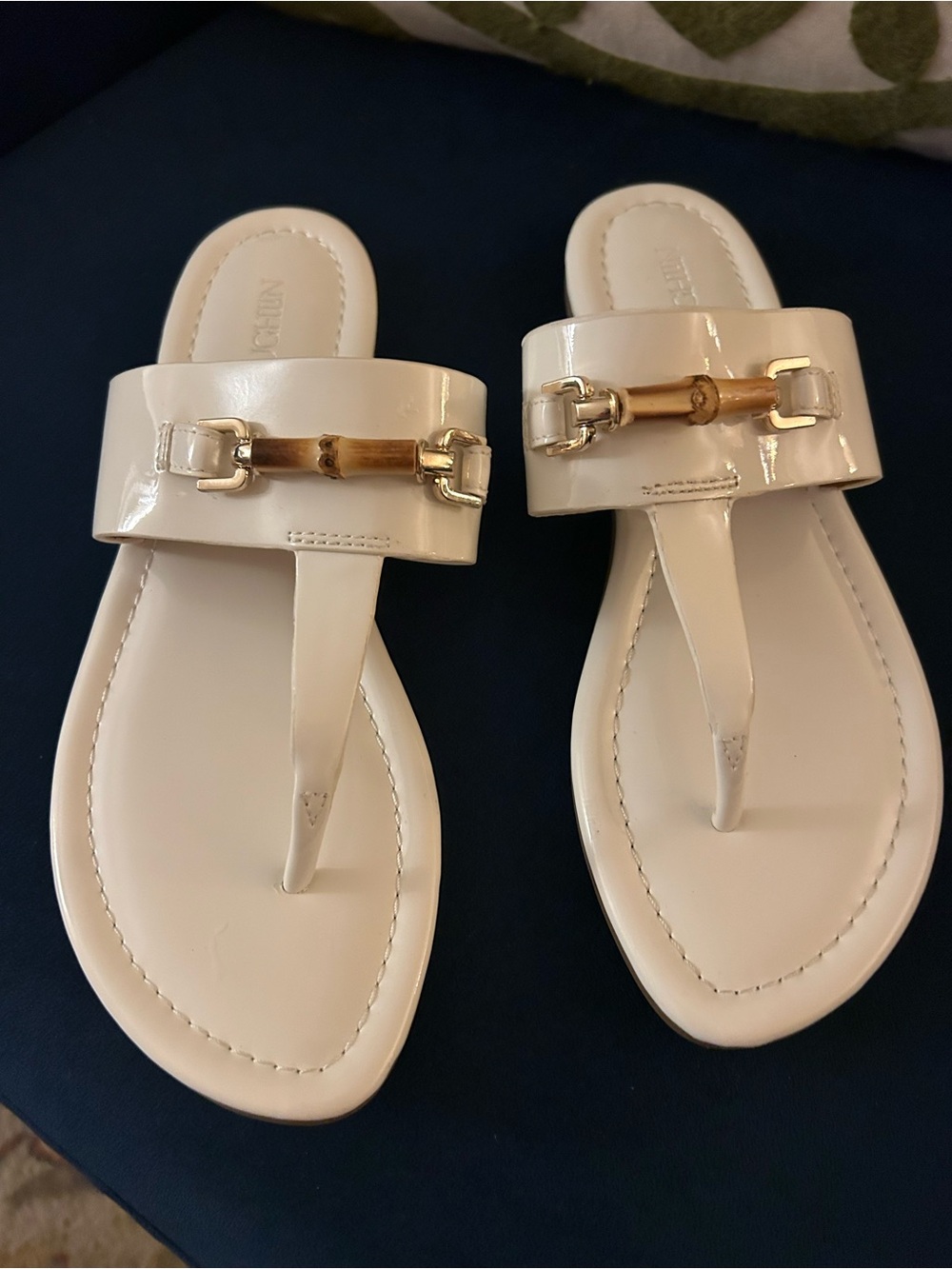 Patent White Thong Sandals with Gold Bamboo Accent